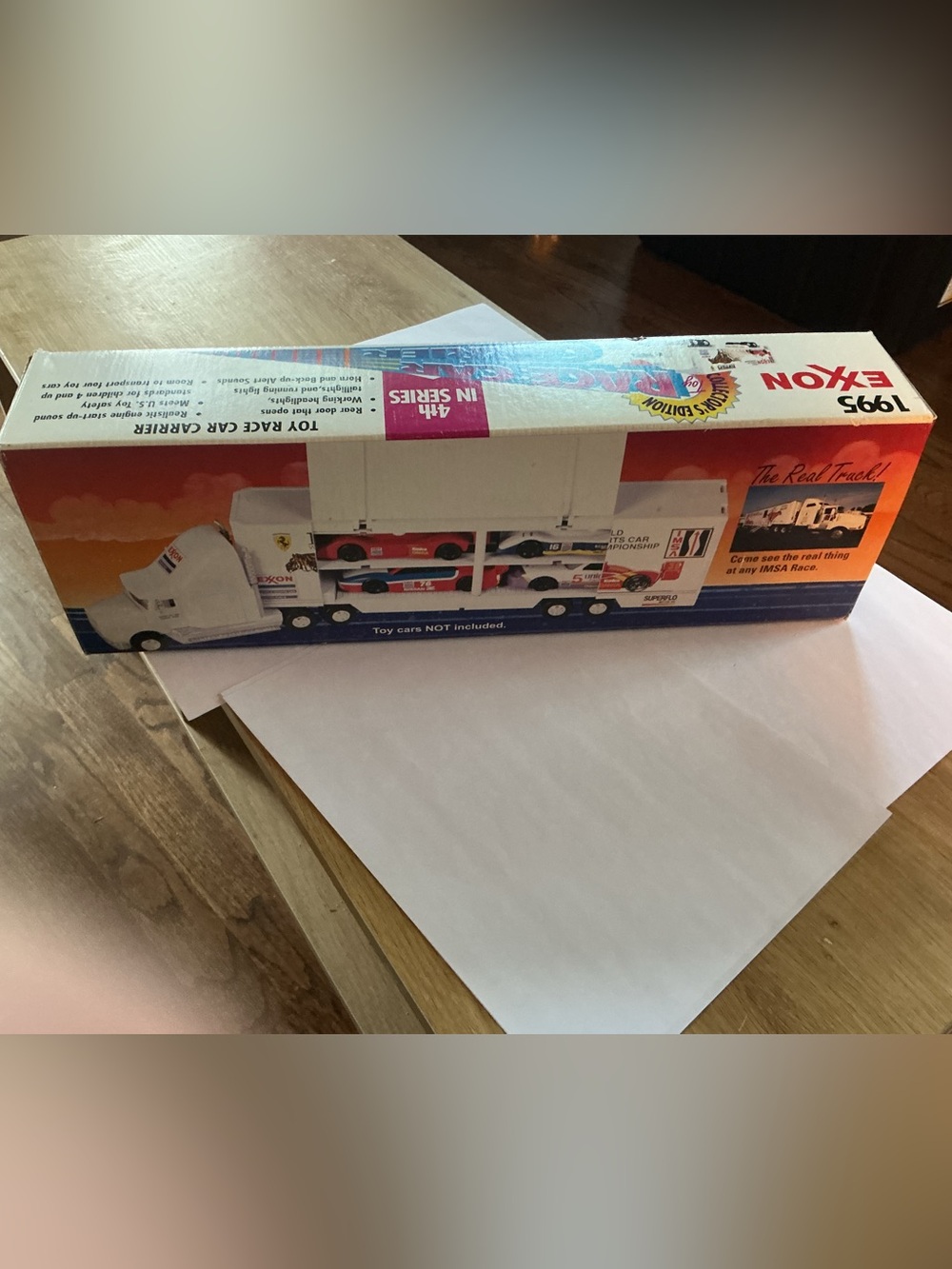 Exxon 1995 Toy Race Car Carrier in original box with toy cars.